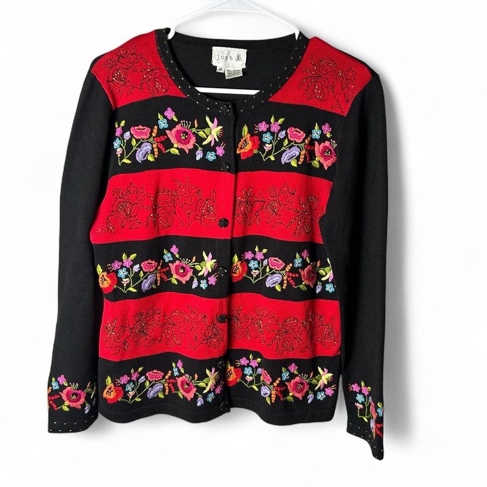 Whimsigoth Embroidered Floral Stripe Cardigan Sweater - Black & Red